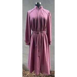 VTG 1970s Jane Baar Dusty Rose Pink Lace Trim Secretary Dress Sheer Sleeves M